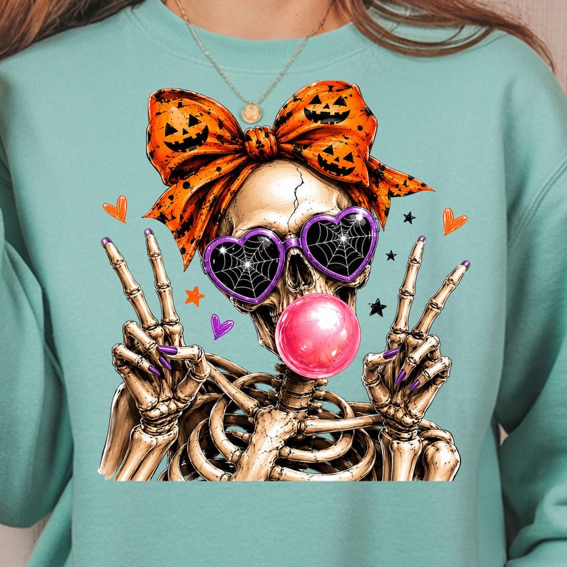 halloween skeleton bubble gum design with purple glasses and orange bow