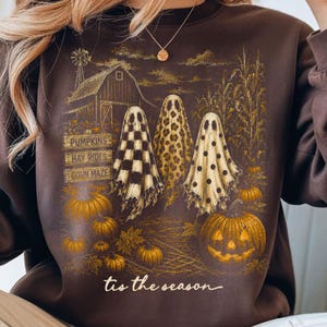 Retro fall Halloween PNG featuring three patterned ghosts, pumpkins, barn, and harvest festival theme
