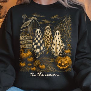 Autumn harvest Halloween PNG design with jack-o'-lantern, pumpkins, and spooky ghost friends