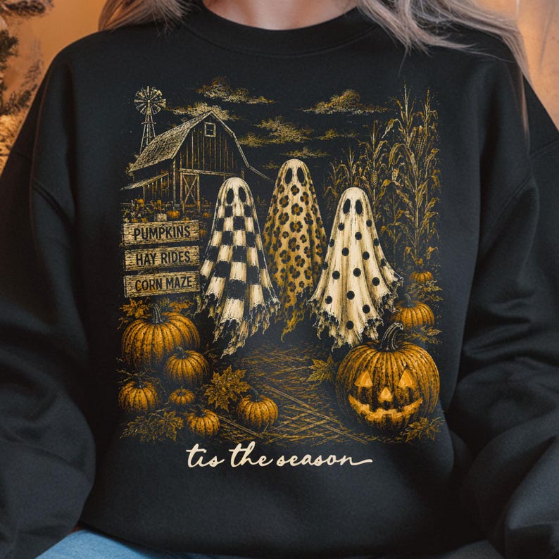 Autumn harvest Halloween PNG design with jack-o'-lantern, pumpkins, and spooky ghost friends