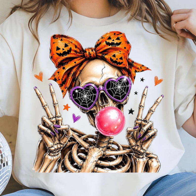 spooky skeleton girl blowing bubble gum with orange pumpkin bow and heart sunglasses png