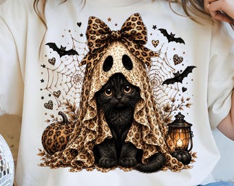 Black Cat Ghost Halloween PNG, Spooky Kitty in Leopard Print Coquette Bow (Digital Download)