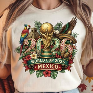 Retro World Cup 2026 Mexico soccer graphic with trophy