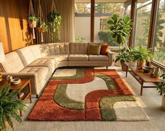 Burnt Orange Olive Green Cream Retro Rug, Handmade Vintage Style Area Rug, Mid Century Modern Living Room Rug for Cozy Home Decor