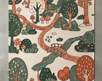 Woodland Scene Handtufted Rug, Whimsical Forest Animals, Mushroom Bridge Carpet