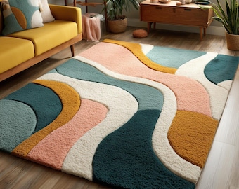 Green Pink Mustard Abstract Area Rug Rectangular Modern Retro Style