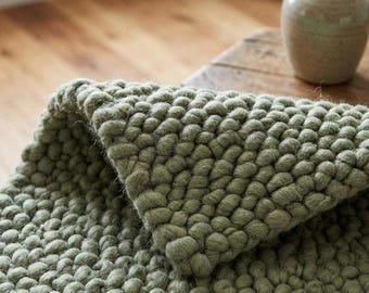 Handwoven Chunky Wool Rug, Sage Green Scandinavian Decor