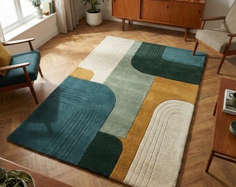 Modern Geometric Handtufted Rug, Abstract Area Rug, Green Blue Cream Carpet, Scandinavian Living Room Rug, Handmade Custom Rug