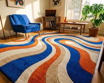 Retro Wave Handtufted Rug, Abstract Swirl Area Rug, Blue Orange Cream Carpet, Mid Century Modern Living Room Rug, Handmade Custom Rug