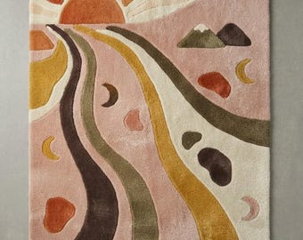 Sunset Landscape Tufted Rug, Abstract Mountain Road Carpet, Boho Nature Home Decor, Handmade Statement Floor Art