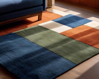 Geometric Abstract Rug, Handmade Modern Tufted Carpet, Color Block Wool Rug, Mid Century Area Rug, Contemporary Artistic Floor Decor