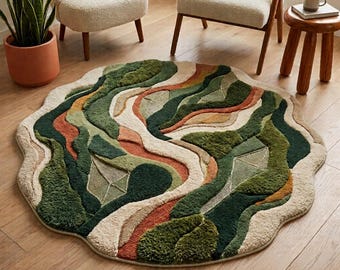 Abstract Organic Shape Tufted Rug, Modern Green Area Rug, Sage Olive Terracotta Carpet, Hand Tufted Wool Rug, Contemporary Living Room Decor