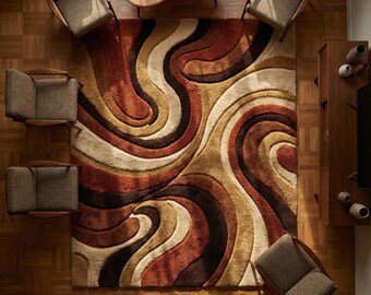 Abstract Swirl Handtufted Rug, Retro Wave Area Rug, Brown Beige Geometric Carpet, Mid Century Modern Living Room Rug, Handmade Custom Rug