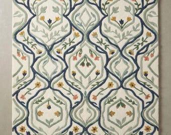 Handmade Botanical Floral Decor, Blue Green Cottage Style, Tufted Home Accent