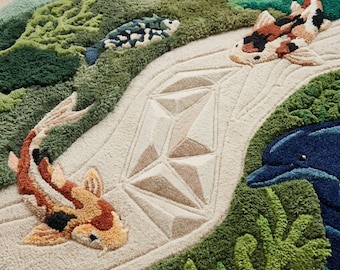 Nature Pond Tufted Rug, Koi Fish Area Rug, Animal Garden Rug, Cottagecore Rug, Handmade Tufted Carpet, Eclectic Home Decor