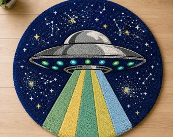 Round UFO Tufted Rug | Space Nursery Rug | Alien Spaceship Carpet | Kids Room Decor | Handmade Tufted Area Rug | Galaxy Floor Mat |