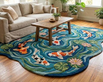 Handtufted Koi Fish Rug, Irregular Shape Area Rug, Japanese Pond Carpet, Custom Handmade Rug, Blue Water Lily Rug, Living Room Decor