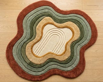 Organic Flower Shaped Tufted Rug, Handmade Abstract Area Rug, Wavy Floral Carpet, Boho Modern Rug, Bedroom Living Room Decor