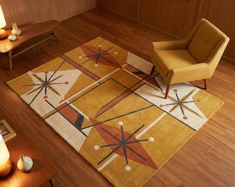 Mid Century Modern Handtufted Rug, Atomic Geometric Area Rug, Retro Abstract Carpet, Scandinavian Living Room Rug, Handmade Custom Rug