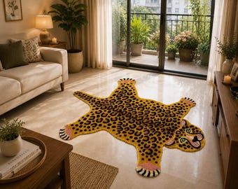 Leopard Shape Handtufted Rug, Yellow Animal Print Area Rug, Cheetah Style Carpet, Funky Handmade Living Room Rug, Statement Rug