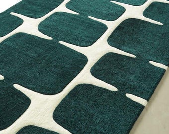 Dark Green Handtufted Rug, Modern Geometric Area Rug, Abstract Scandinavian Carpet, Contemporary Living Room Rug, Handmade Custom Rug