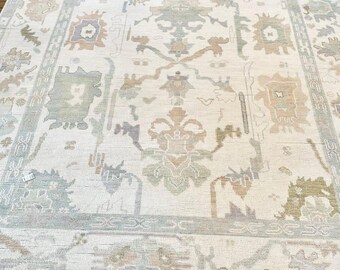 Handknotted Neutral Rug with Pastel Floral Design | Traditional Handmade Wool Carpet for Living Room