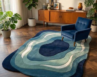 Blue Organic Shape Handtufted Rug, Abstract Modern Area Rug, Irregular Wave Carpet, Contemporary Living Room Rug, Handmade Custom Rug