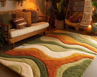 Large Wavy Area Rug — Retro Boho Shag Tufted Rug, Mid-Century Modern Living Room Carpet, Orange Green Cream Abstract Accent
