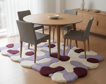 Hand Tufted Wool Rug: Purple Cream Abstract Organic Shape Area Rug