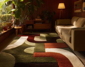 Abstract Handtufted Rug, Modern Geometric Area Rug, Green Brown Contemporary Carpet, Artistic Living Room Rug, Handmade Custom Rug