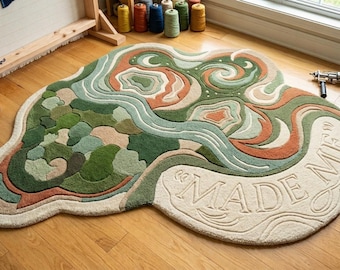 Handmade Tufted Rug, Abstract Organic Rug, Sage Green Terracotta Carpet, Wavy Modern Area Rug, Unique Boho Home Decor