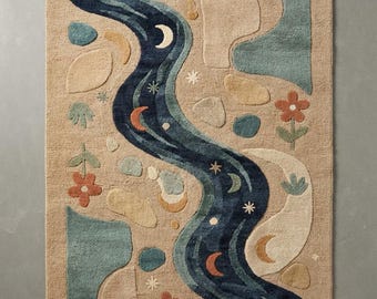 Celestial River Tufted Rug, Handmade Nature Carpet, Boho Abstract Room Decor