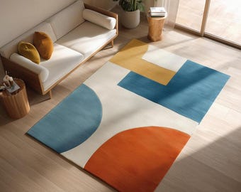 Modern Geometric Handtufted Rug, Abstract Area Rug, Blue Orange Cream Carpet, Contemporary Minimalist Living Room Rug, Custom Size Rug