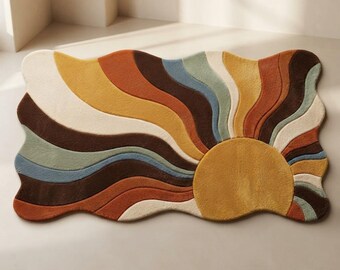 Retro Abstract Wavy Textile Tapestry, Mid Century Modern Boho Sunburst Fiber Hanging