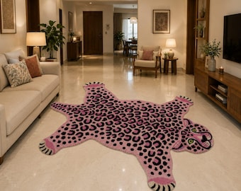 Pink Panther Handtufted Rug, Leopard Shape Area Rug, Animal Print Carpet, Funky Kids Room Rug, Handmade Statement Rug