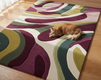 Hand Tufted Abstract Area Rug: Olive Green & Plum Retro Swirl