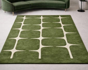 Alfombra moderna verde tejida a mano, alfombra geométrica, alfombra abstracta verde oliva, alfombra minimalista para sala de estar, alfombra contemporánea hecha a mano