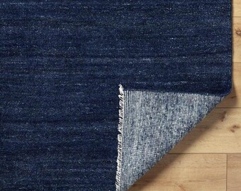 Hand Knotted Navy Blue Wool Rug, Modern Solid Color Area Rug, Minimalist Handmade Carpet, Contemporary Living Room Rug, Custom Size Rug