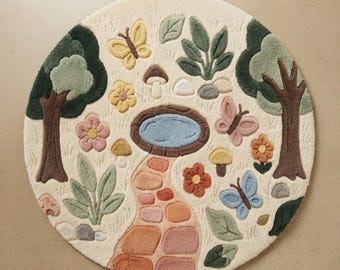 Round Woodland Rug, Tufted Nature Area Rug with Mushrooms, Flowers & Butterflies