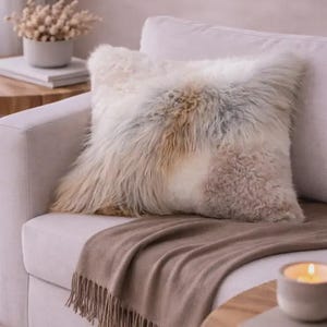 Sheepskin Patchwork Pillow | Genuine Shearling Cushion 50x50 cm | Luxury Fur Pillow | Scandinavian Decor | Handmade in Europe