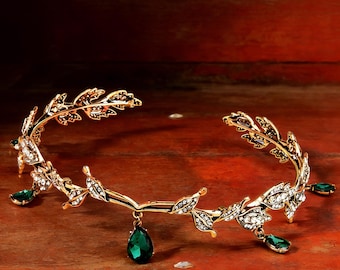 Elven Leaf Crown Headpiece with Crystal Drops | Fantasy Tiara for Cosplay, Renaissance, Fairy Wedding