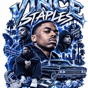May include: A graphic print featuring Vince Staples in multiple poses, including a large central portrait, with the text VINCE STAPLES in a metallic blue font, a Long Beach Blvd street sign, a black car, a chain, and the text THE GREATEST RAPPER ALIVE.