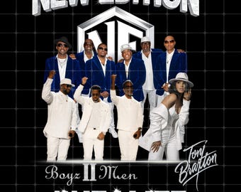 Może przedstawiać: Obraz promocyjny z grupami muzycznymi New Edition, Boyz II Men i Tony Braxton. Obraz ma czarne tło z wzorem siatki. Słowa "NEW EDITION" znajdują się na górze. Fraza "#NE4LIFE" znajduje się na dole.