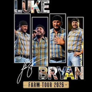 May include: A black graphic t-shirt featuring four vertical panels of Luke Bryan wearing a blue and yellow plaid shirt and a black baseball cap. The design includes the text LUKE BRYAN, a signature, and a wooden sign graphic reading FARM TOUR 2026.