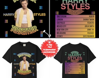 May include: Black t-shirts featuring a design for the "Harry Styles Together Tour 2026." The design includes the artist's name, tour cities, and guest artists. The image also shows a promotional graphic with the same design.