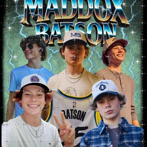 May include: A group of five young people are featured in a stylized photo with the names "MADDOX BATSON" in large, metallic letters. The individuals wear caps and casual clothing, with a jersey visible. The background has a lightning bolt design.