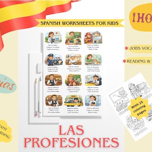 Puede incluir: Hojas de trabajo en español para niños con vocabulario de profesiones y actividades de lectura. La imagen incluye ilustraciones de diferentes profesiones, un libro para colorear y el texto "LAS PROFESIONES".