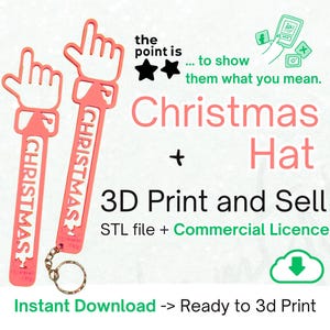 May include: Two coral-coloured Christmas-themed keychains with a hand gesture design. The word "CHRISTMAS" is vertically printed on each keychain. The image also includes text that says "Christmas Hat" and "3D Print and Sell".