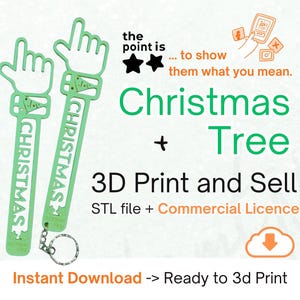 May include: Two light green Christmas tree-shaped keyrings with a hand gesture design. The word "CHRISTMAS" is vertically printed on each keyring. The image also includes the text "Christmas + Tree" and "3D Print and Sell".