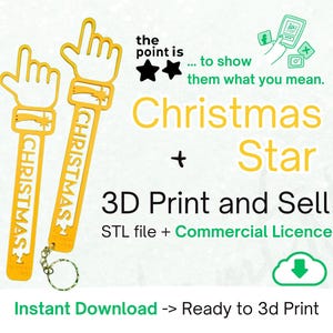 May include: Two yellow Christmas-themed keychains with a hand-pointing design. The word "CHRISTMAS" is vertically printed on each keychain. The image also includes the text "Christmas + Star" and "3D Print and Sell".